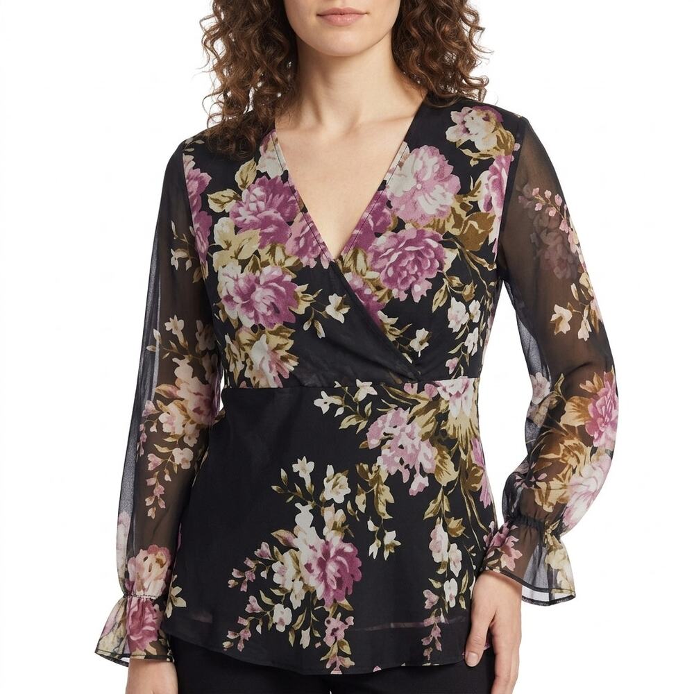 iCE 100% Silk Black Floral Chiffon Wrap Ruffle Blouse Women Plus Size 1X